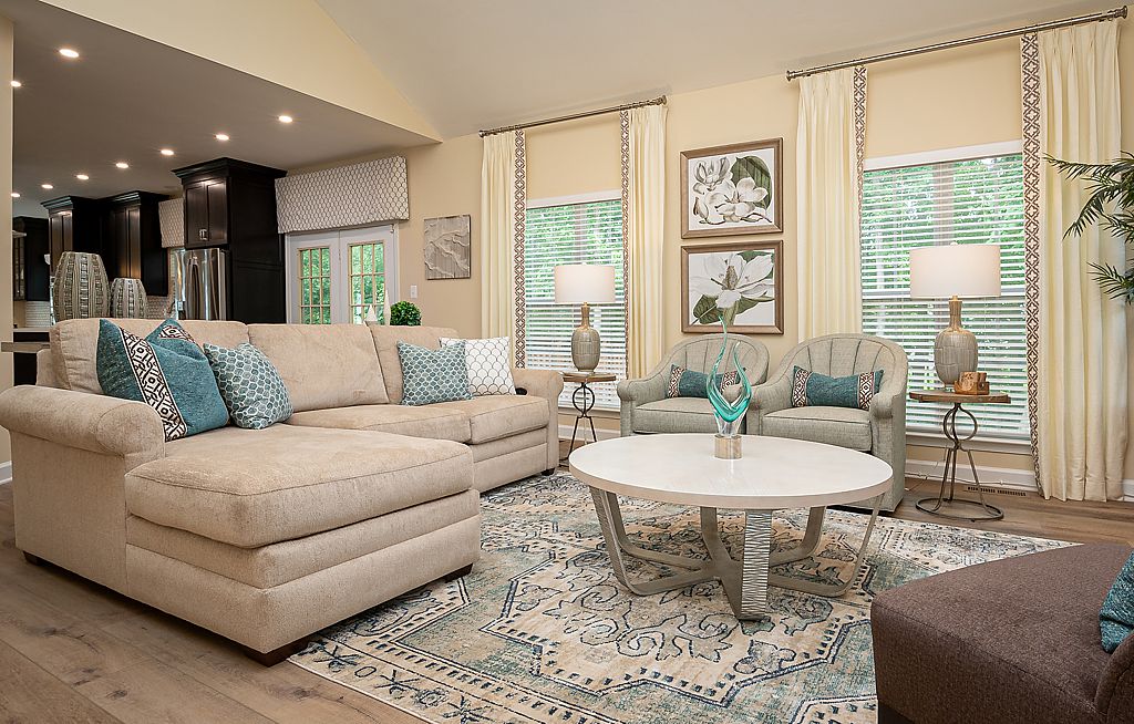 This comfortable sectional has a chaise at one end.