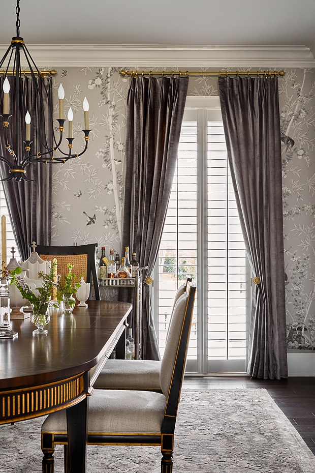 This traditional dining room would not look the same without beautiful faux silk draperies.