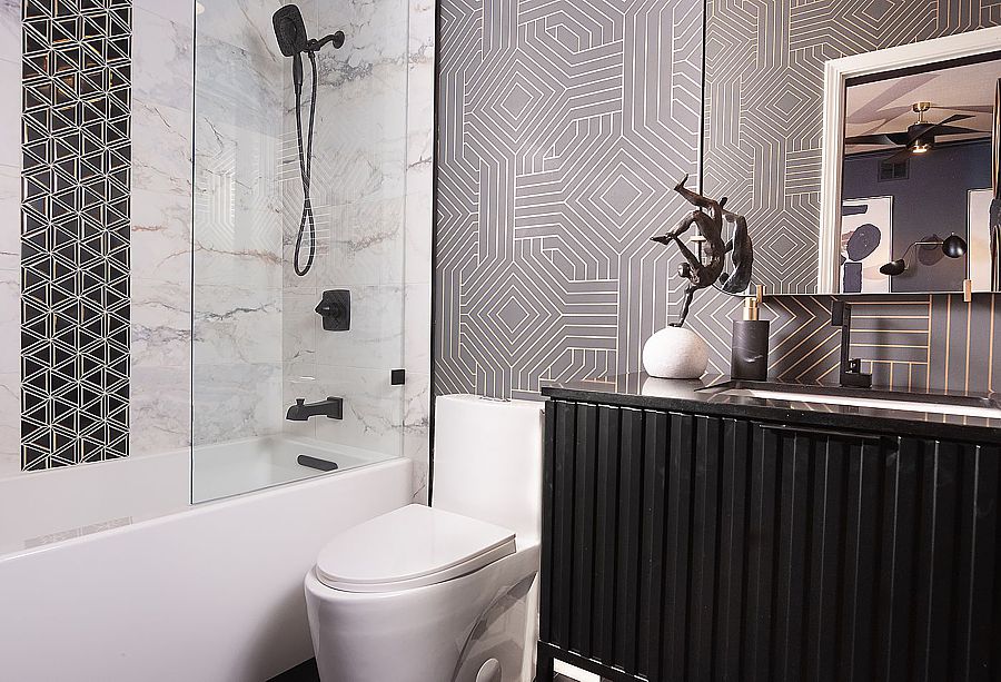 Add a touch of glamor to your bathroom with a modern wallpaper.