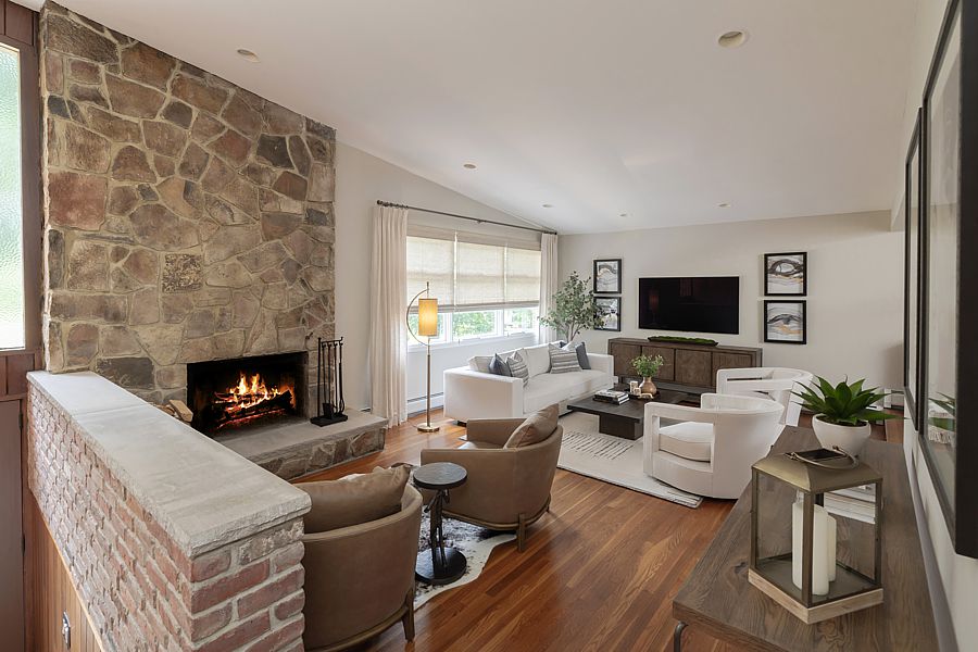 Pantone Color of the Year 2025 Mocha Mousse can be used in furniture, a fireplace... anywhere. It doesn't have to  be the overpowering shade in the room.
