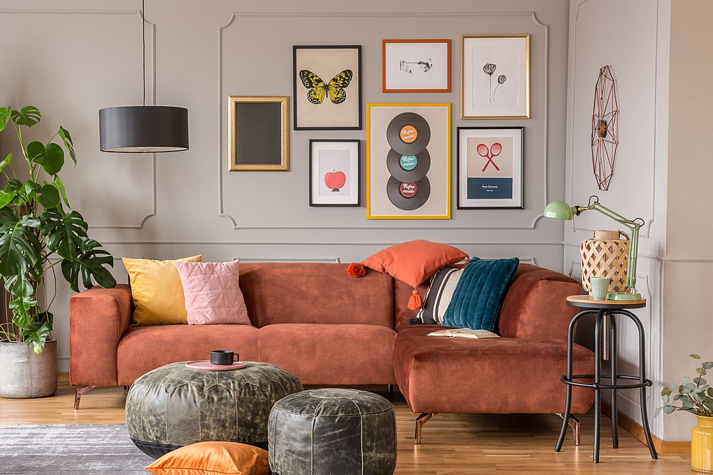 Eclectic living with vintage leather pouffes.