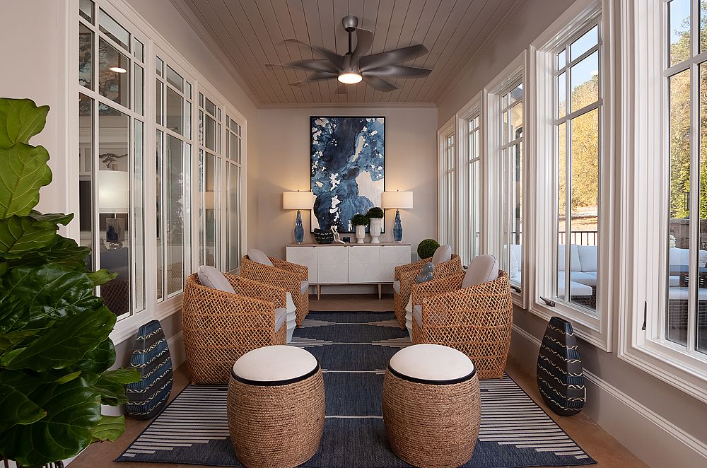 A modern take on the sunroom with natural finishes and a touch of blue.